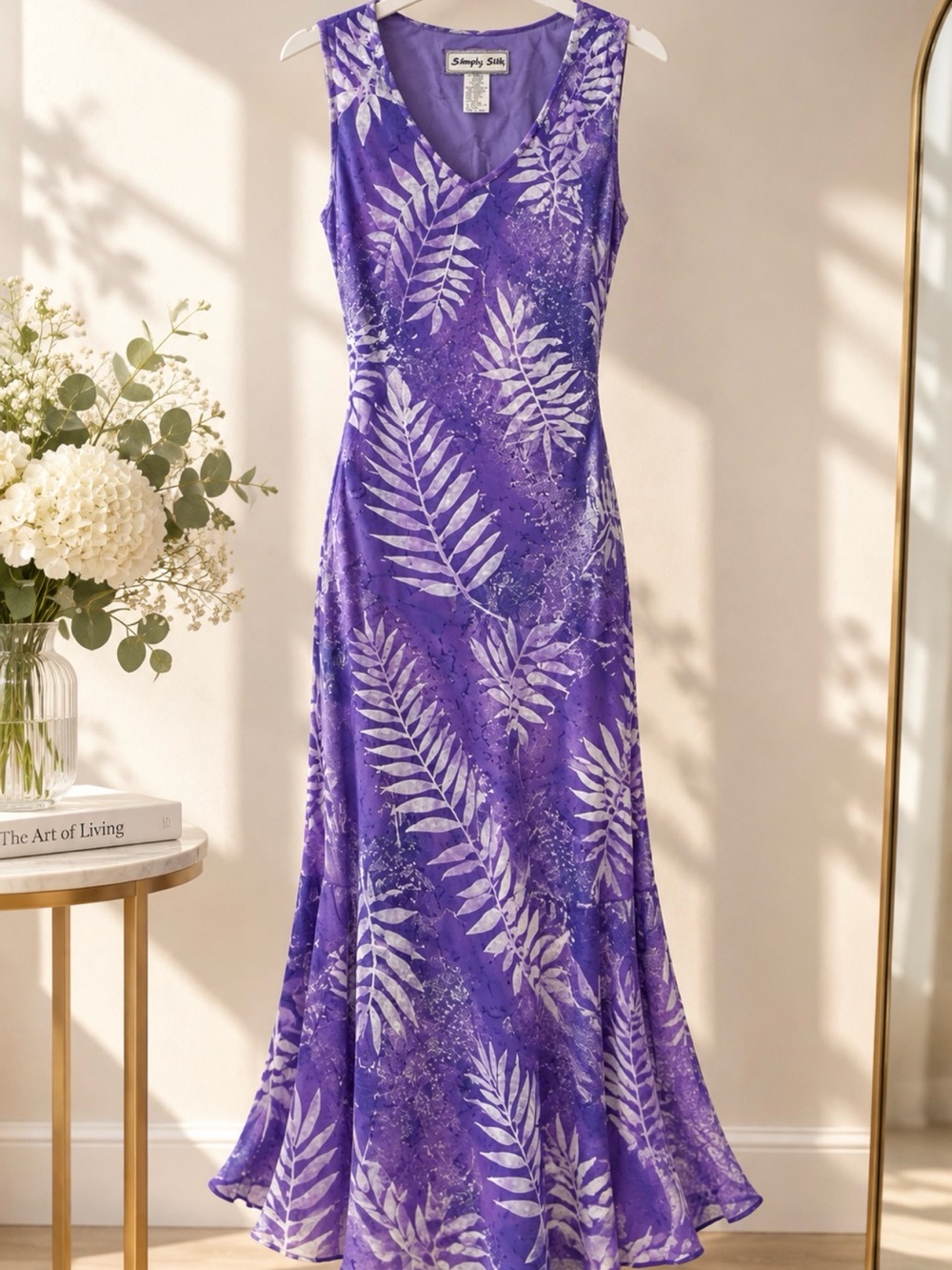 Purple Leaf Print V-Neck Maxi Dress